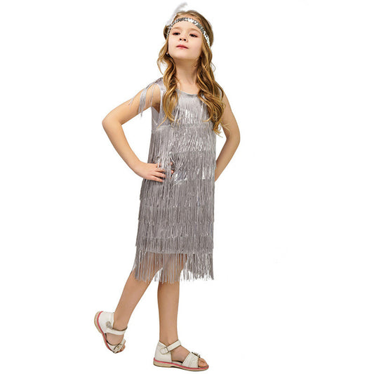 Vestido de Danza Latina Infantil Retro con Flecos para Presentaciones