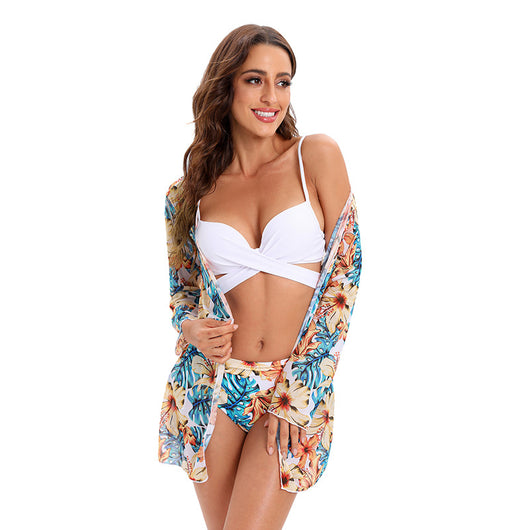 Traje de Baño Bikini Tres Piezas con Pareo Mesh y Cintura Alta - Image 2
