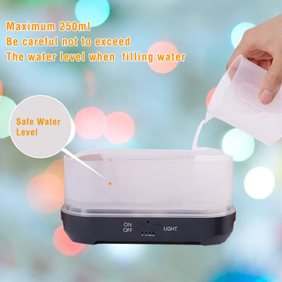 Wood grain humidifier with snowflake pattern, emitting blue flame-like mist, shown with remote control and other color options. - Image 7