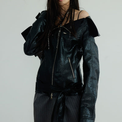Chaqueta de Cuero PU con Hombros Descubiertos y Solapa Ancha - Image 4