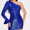 Vestido Azul com Paetês nos Ombros e Manga Longa Ajustado