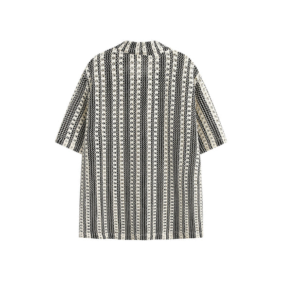 Camisa de Verano Beige y Negro con Cuello Vuelto y Manga Corta