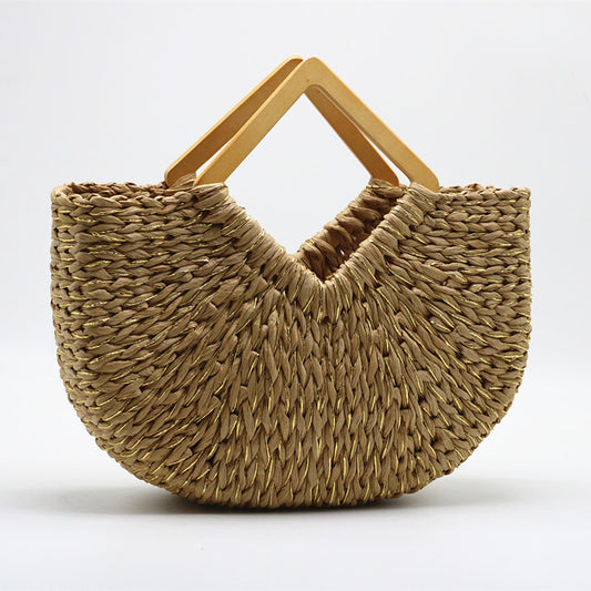 Bolsa de Mano Lunar con Asa de Madera y Paja