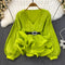 Loose Blouse with V-Neck, Long Sleeves, and Ruffled Hem