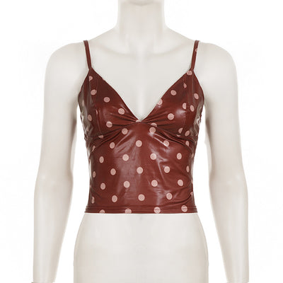 Camiseta de Cuero con Lunares y Escote en V para Mujer, Ajuste Ceñido - Image 22