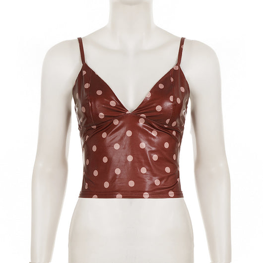 Camiseta de Cuero con Lunares y Escote en V para Mujer, Ajuste Ceñido - Image 22