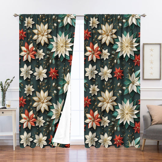 Pair of Christmas curtains with a 3D digital print of a snowy winter window scene, frosted trees, and snowflakes. - Image 41