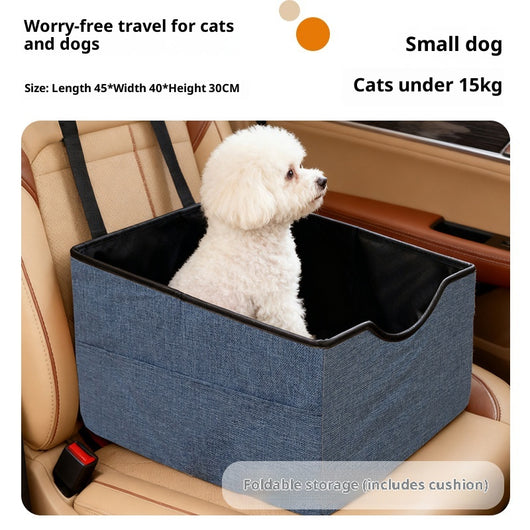 Beige pet car seat with a small white dog inside, secured to a car's passenger seat, designed for safe travel. - Image 7