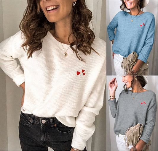 Suéter Holgado de Cuello Redondo con Diseño de Corazón en el Pecho para Mujer