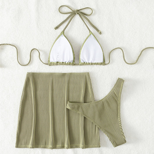 Light green ribbed bikini set featuring a triangle halter top and a matching high-waisted mini skirt. - Image 11