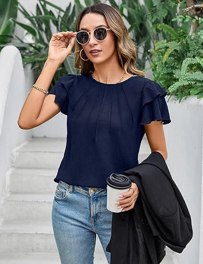 Blusa Ejecutiva Plisada de Manga Corta Cuello Redondo - Image 23