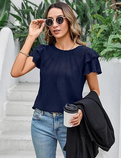 Blusa Ejecutiva Plisada de Manga Corta Cuello Redondo - Image 23