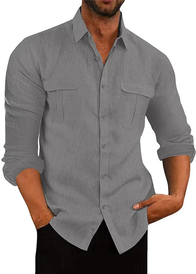 Camisa Hombre Algodón Lino con Bolsillos Dobles Estilo Europeo - Image 18