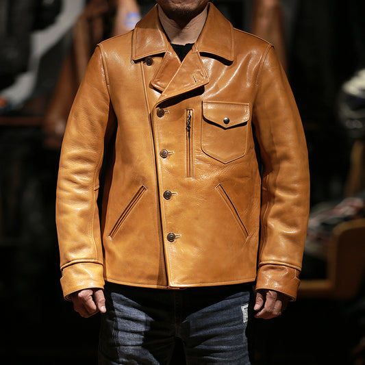 Chaqueta de Cuero para Hombre Solapa Clásica Gamuza Encerada