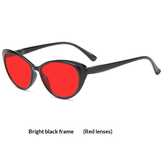 Retro cat-eye sunglasses with bright black frames and yellow night vision lenses on a white background. - Image 10