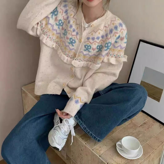 Cardigan Tejido con Moño - Diseño Retro Holgado para Otoño e Invierno