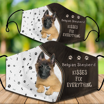 Two cotton face masks with a Bichon Frise dog, paw prints, and bones on a white and brown background. Text reads "Bichon Frise KISSES FIX EVERYTHING." - Image 15