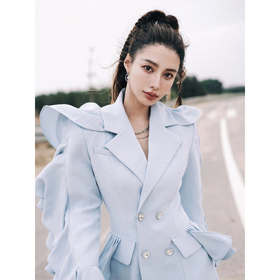 Blazer Azul Onda con Volantes en las Mangas - Diseño Francés Moderno - Image 3