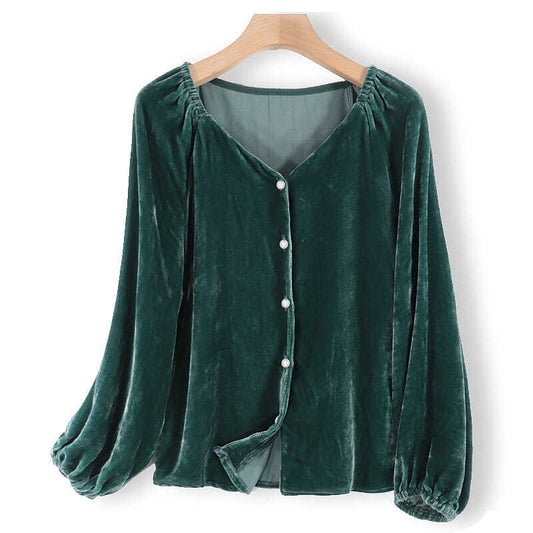 Blusa Elegante de Terciopelo Dorado con Cuello en V y Mangas Largas - Image 2