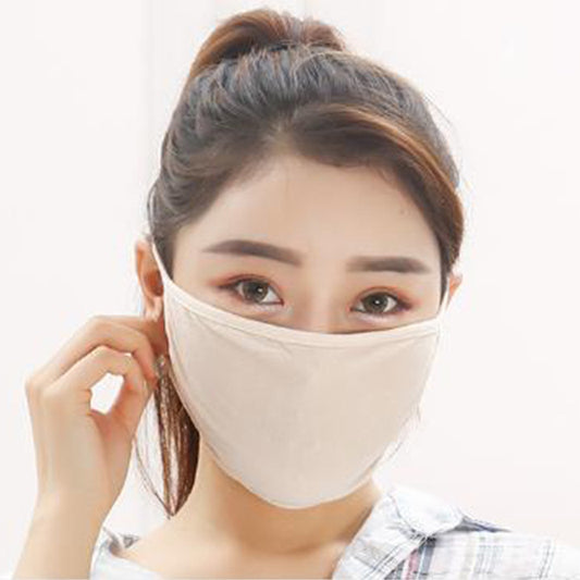 Ten solid-color ear-mounted face masks in blue, beige, maroon, light blue, black, light pink, hot pink, red, white, and purple.