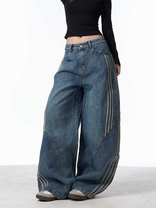 Pantalones Jeans Anchos Efecto Vintage con Costuras a Rayas para Mujer - Image 17