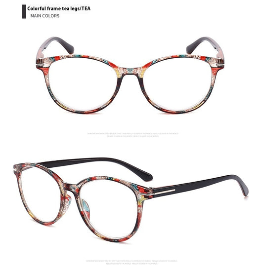 Four pairs of anti-blue light reading glasses with colorful full-rim frames in pink, tea, blue, and violet patterns. - Image 9