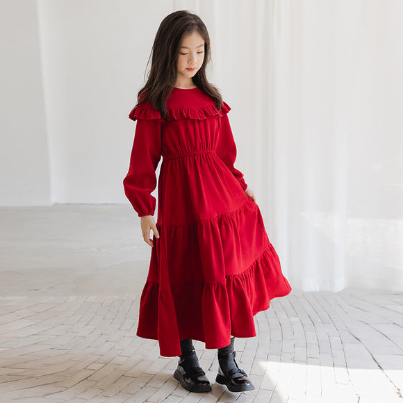 Vestido Infantil Estilo Occidental de Pana con Manga Larga