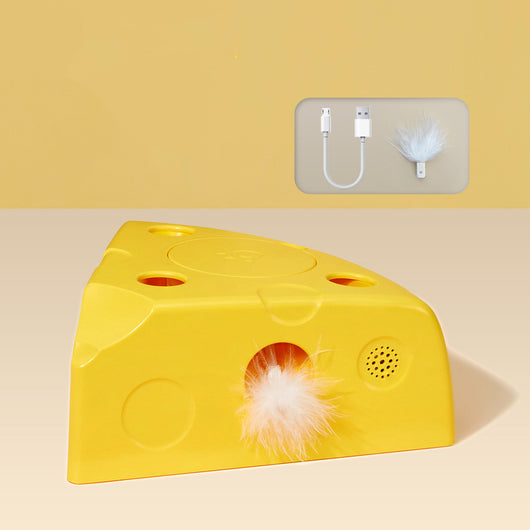 Yellow cheese-shaped electric cat toy with a white feather attachment, shown with three AA batteries and a replacement feather. - Image 7