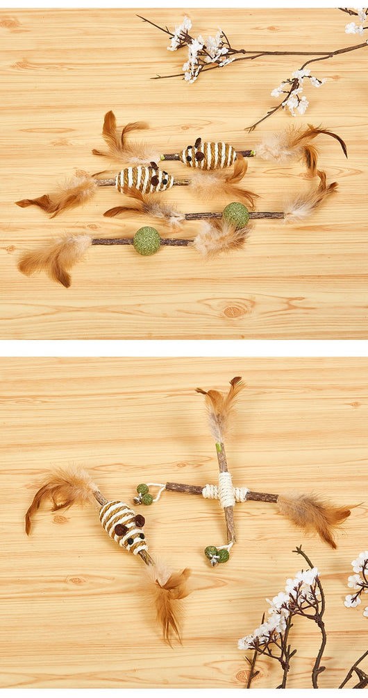 Feather and sisal cat toy with a wooden stick, green sisal ball, and brown feathers for molar cleaning. - Image 16