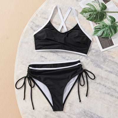 Black and white color matching bikini swimsuit with a high-waisted drawstring bottom and a split top. - Image 3
