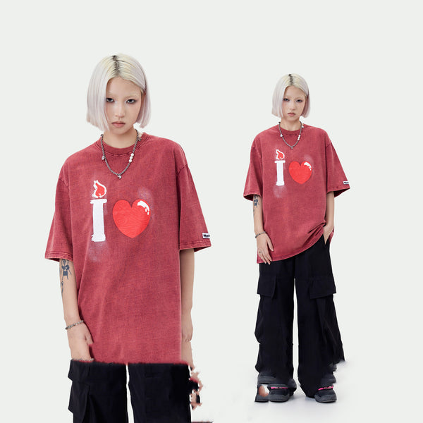 Camiseta Hombre Estilo Vintage Desgastado con Estampado de Corazón - Corte Holgado Casual