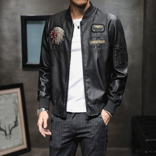 Chaqueta de Motociclista en Cuero PU con Cuello Béisbol y Bordados - Image 3