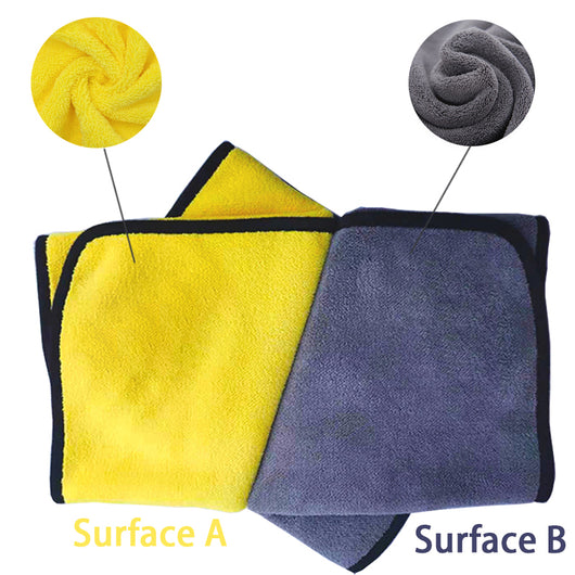 Yellow microfiber pet drying towel with black trim draped over a bathtub, with a golden retriever, poodle, and cat. - Image 14