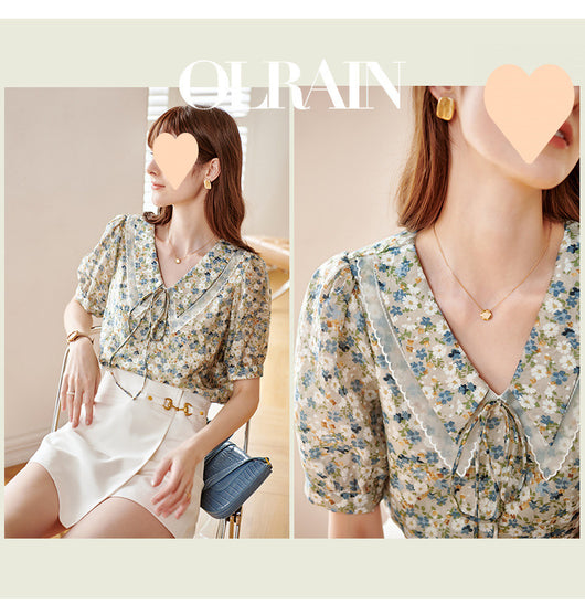 Blusa Elegante Cuello Francés Efecto Reductor en Chifón Floral - Image 11