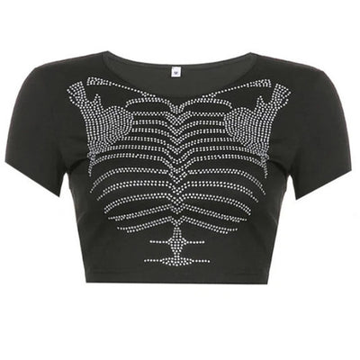 Blusa Crop Top Esqueleto con Cristales - Estilo Gótico para Mujer - Image 4