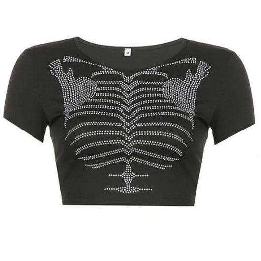 Blusa Crop Top Esqueleto con Cristales - Estilo Gótico para Mujer - Image 4