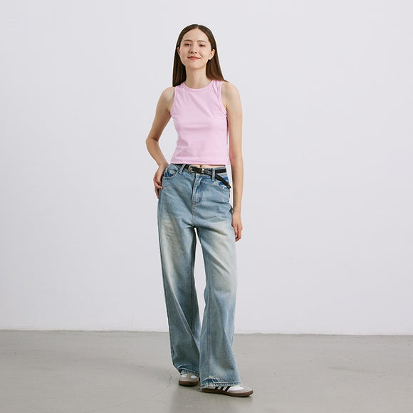 Jeans Rectos de Algodón Puro Blanco Brillante con Desgaste Artesanal