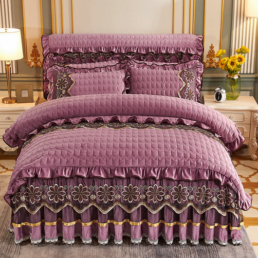 Juego de Cama Acolchado Europeo 4 Piezas con Faldón y Forro Grueso de Felpa - Image 16