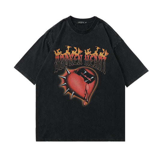Camiseta Estampada Vintage Desgastada de Manga Corta Unisex