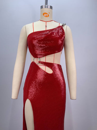 Vestido Rojo con Lentejuelas, Hombro Inclinado y Corte Midriff - Image 12