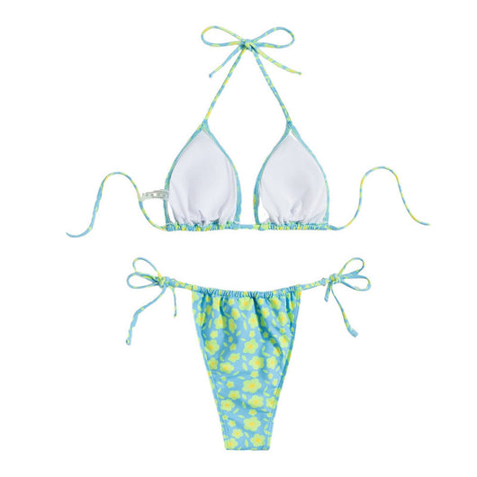 Lace-up sexy bikini with light blue and yellow floral print, featuring a triangle top and string tie bottoms. - Image 4