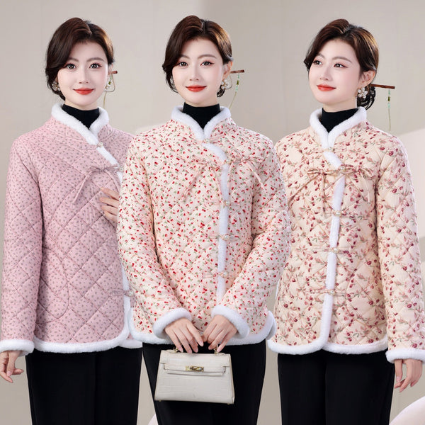 Chaqueta de Algodón Estilo Oriental con Cierre Diagonal e Impreso Floral