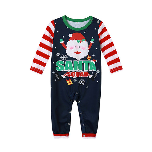 Navy blue long-sleeve pajama romper with red and white striped sleeves and a cartoon Santa Claus print.
