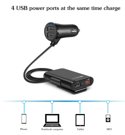 Cargador de Auto con 4 Puertos USB QC3.0 para Asiento Trasero con Cable y Soporte - Image 15