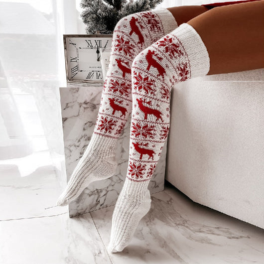 Calcetines Navideños Largos Hasta la Rodilla con Diseño de Renos y Copos de Nieve para Mujer - Image 3