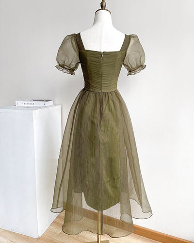 Falda Midi Cuello Cuadrado Gris Humo Verde - Elegancia para el Té - Image 7