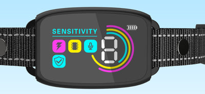 Smart automatic anti-barking dog collar with digital display, portable pet water bottle with food compartment, and a rectangular pet bed. - Image 34