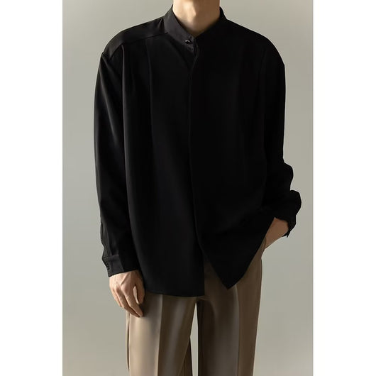 Camisa Casual Holgada de Manga Larga con Cuello Alzado para Hombre - Image 5