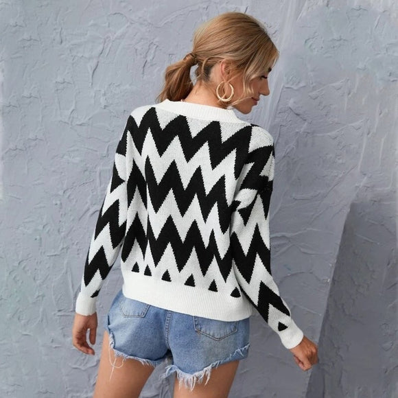 Suéter Chaqueta Manga Larga con Cuello Redondo y Contraste de Colores