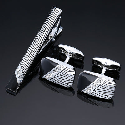 Juego de Clips de Corbata y Gemelos con Cristales Negros y Patrón Floral Esmaltado en Oro y Plata - Image 33